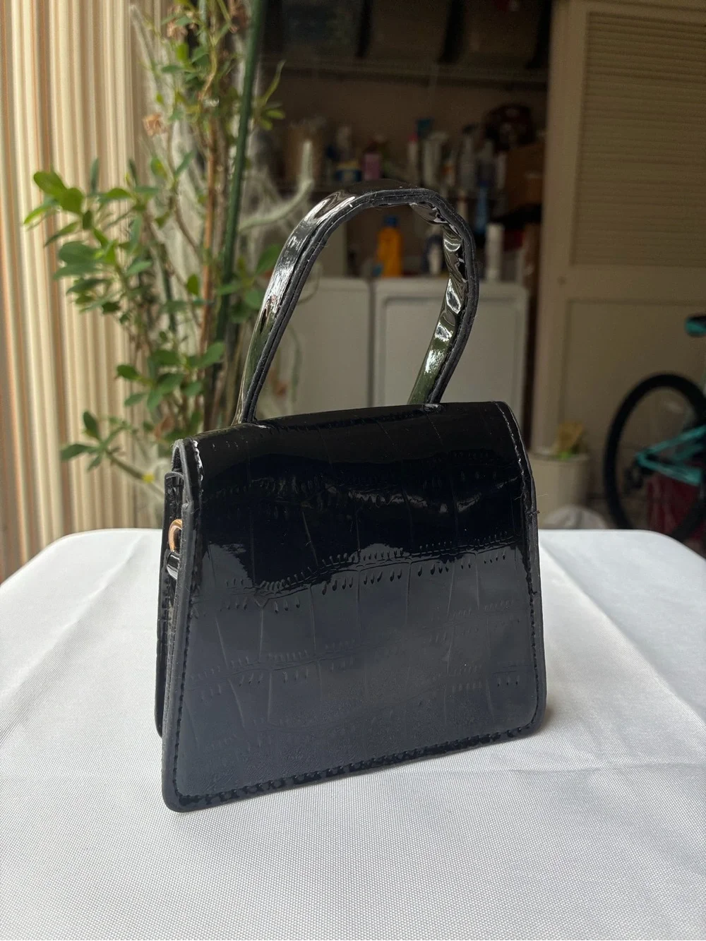 Black Patent Crocodile Embossed Mini Bag | Convertible Top Handle Crossbody - Picture 3 of 13